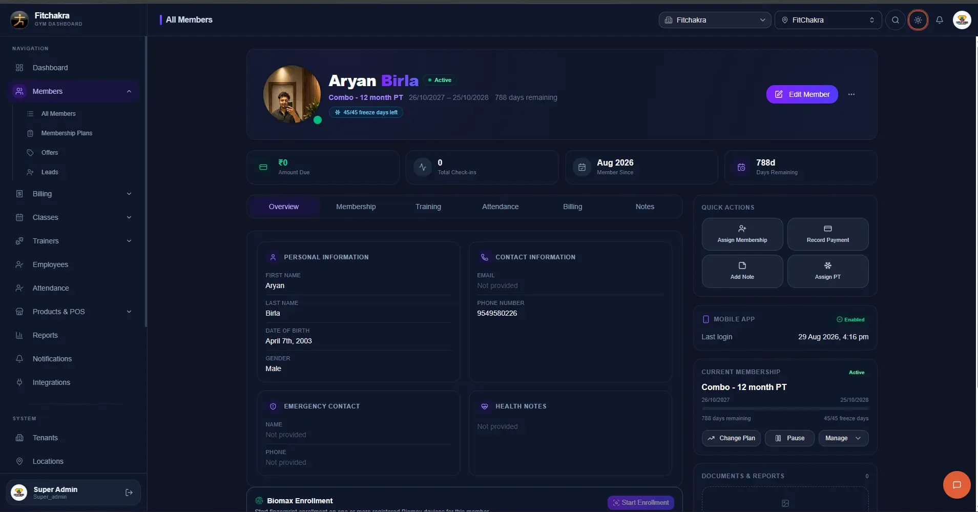 Fithensive gym management CRM member detail page